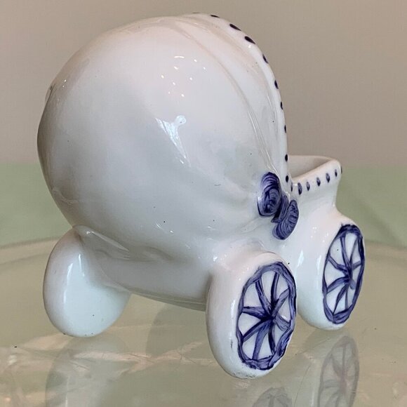 Vintage Baby Buggy Ceramic Planter Stroller Pram Hand Painted Newborn Boy Gift - Picture 7 of 13